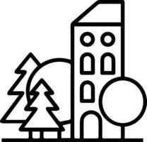 A black and white illustration of a building and trees vector