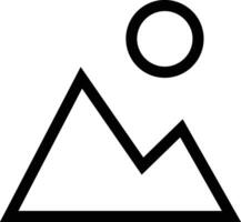 A black and white mountain icon with a sun vector