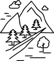 A line drawing of a mountain and trees vector