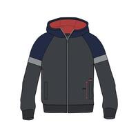 A drawing of a hooded jacket with a red and blue stripe vector