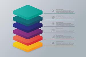 6-Layer 3D Square Chart Template with Icons. Modern Infographic for Business Presentation. vector
