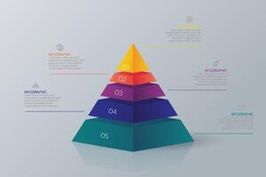 3D triangle prism chart infographic template with 5 icons. Pyramid design. vector