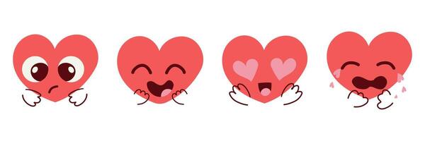 set of red happy heart character different emoji on white background. Romantic flat style Valentine's Day illustrations to express feelings of love . vector