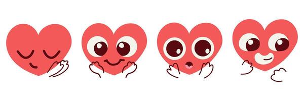 Four set of red happy heart character different emoji on white background. Romantic flat style Valentine's Day illustrations to express feelings of love . vector