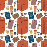 Trendy vacation Seamless pattern with travel items. Endless background with suitcase and travel elements . Travel around the world, adventure. Design for fashion , fabric, textile, and all prints vector