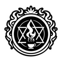A black and white logo with a cup of coffee and a star of david vector