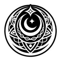 A black and white logo of a crescent and star vector
