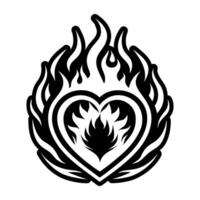A heart with flames on it in black and white vector