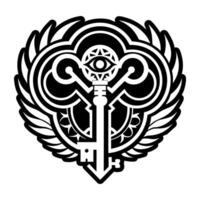A black and white logo with a key and wings vector