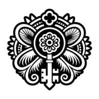 A black and white logo with a key and flower vector