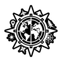 A black and white logo of a compass with the world on it vector