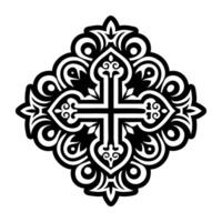 A black and white design with an ornate cross vector