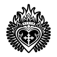 A black and white heart with flames and a cross vector