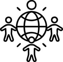 Glossy holographic figures holding hands around a glowing globe copy space vector