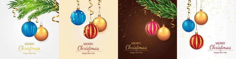 Christmas Greeting Card Templates with Baubles and Pine Branches vector