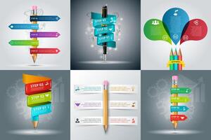 Education infographic design template with pencil and pen. Business concept with 3, 4, 5 and 6 options, parts, steps. Can be used for workflow layout, diagram, number options, web design. vector