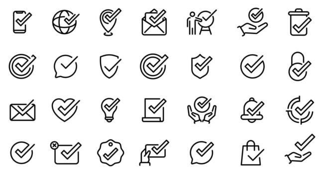 Check mark icon set. Check mark icons. Checkmark collection. Black checkmark icon set. Flat black tick icons. vector