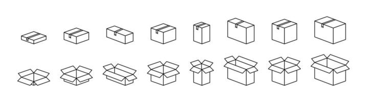 Carton box black icon set. Opened and closed carton box icons. Cardboard box set isolated on white background. Delivery package. graphic illustration. EPS 10 vector