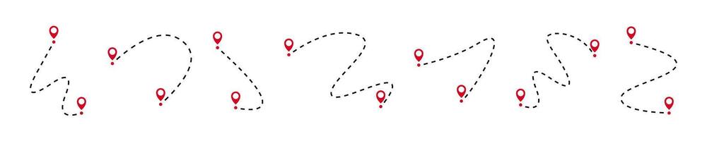 Travel path set. Line path collection. Way and location pointers. Black dotted line path with red location pin pointers. GPS concept. graphic EPS 10 vector