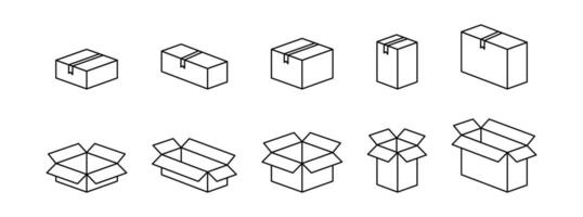 Carton box black icon set. Opened and closed carton box icons. Cardboard box set isolated on white background. Delivery package. graphic illustration. EPS 10 vector