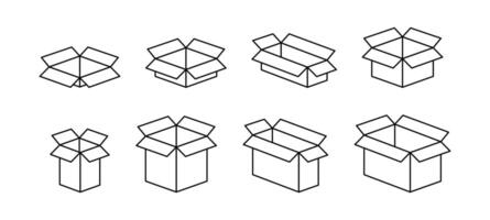 Carton box black icon set. Opened carton box icons. Cardboard box set isolated on white background. Delivery package. graphic illustration. EPS 10 vector