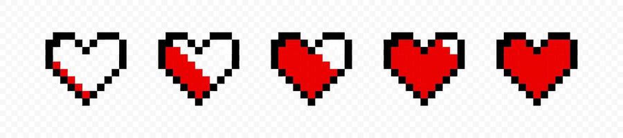 Pixel heart icon set. art 8 bit health heart bar. Gaming controller, symbols set. Pixel art heart. game interface. Pixel game life bar. graphic EPS 10 vector