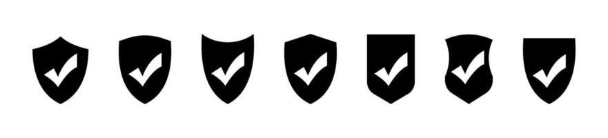 Shields with ticks collection. Black shields with checkmarks icons set, isolated on white background. Tick on shield icon set. Vaccination confirmation icons. graphic EPS vector