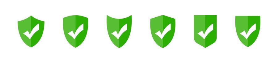 Green shields with checkmarks icons set isolated on white background. Shields with ticks collection. Certified succes symbol. Vaccination confirmation icons. graphic EPS 10 vector