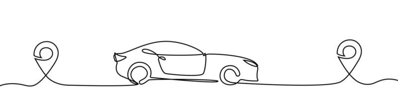 Vehicle road from location to location. Continuous one line drawing car path to location pin pointer. Reach the goal concept. Travel concept. Oneline car. graphic. EPS 10 vector