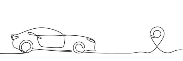 Continuous one line drawing car path to location pin pointer. Reach the goal concept. Travel concept. Vehicle road to location pointer. Oneline car. graphic. EPS 10 vector
