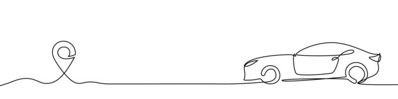 Continuous one line drawing car path to location pin pointer. Reach the goal concept. Travel concept. Vehicle road to location pointer. Oneline car. graphic. EPS 10 vector