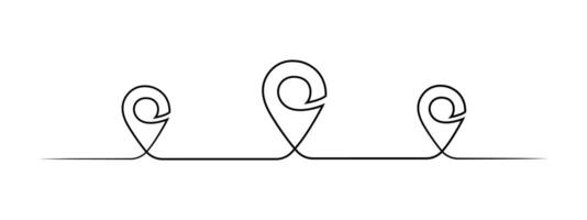Continuous line drawing location pins. One line location pointers. Road direction pointers. Geolocation map marks, point location. Continuous one line drawing map location pointers. GPS navigation. vector