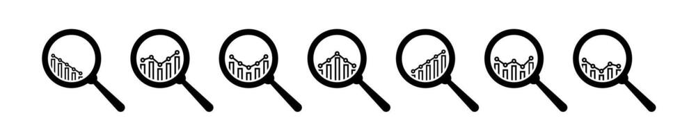 Magnifying glasses with bar charts infographic icon set. Business concept zoom icons. Loupe icon collection. Zoom instrument. Analytic icon. EPS 10 vector