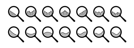 Magnifying glasses with bar charts infographic icon set. Business concept zoom icons. Loupe icon collection. Zoom instrument. Analytic icon. EPS 10 vector