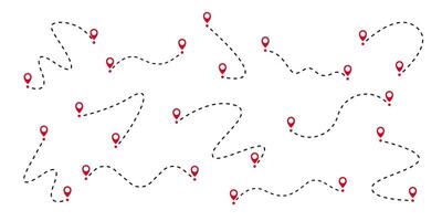 Black dotted line path with red location pin pointers. Travel path set. Line path collection. Way and location pointers. GPS concept. graphic EPS 10 vector