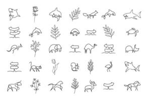Animals, plants, fishes and arrows one line drawing icons set. Continuous line art icons set. line icons collection Sketch drawing. graphic. EPS 10 vector