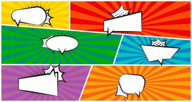 Vintage cartoon speech bubbles template collection. Comic speech bubbles set with halftone on burst background. graphic EPS 10 vector