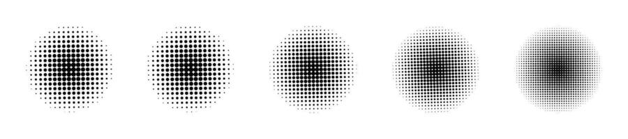Circle halftone effects set. Abstract dotted circles, round halftones geometric dots. Dot spray gradation set. Illustration halftone gradient spotted, rounded effect. EPS 10 vector