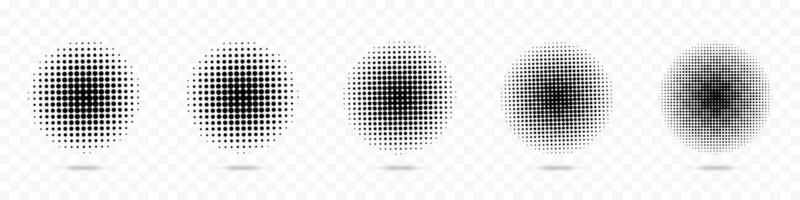 Circle halftone effects set. Abstract dotted circles, round halftones geometric dots. Dot spray gradation set. Illustration halftone gradient spotted, rounded effect. EPS 10 vector