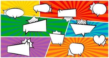 Vintage cartoon speech bubbles template collection. Comic speech bubbles set with halftone on burst background. graphic EPS 10 vector