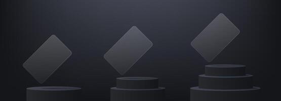 Glassmorphism card on pedestal. Different glassmorphism banners. Glassmorphic UI, UX illustration. Futuristic modern user interface. Illustration. EPS 10 vector