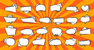 Comic speech bubbles set with halftone on orange burst background. Vintage cartoon speech bubbles template collection. graphic EPS 10 vector