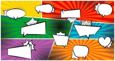 Vintage cartoon speech bubbles template collection. Comic speech bubbles set with halftone on burst background. graphic EPS 10 vector