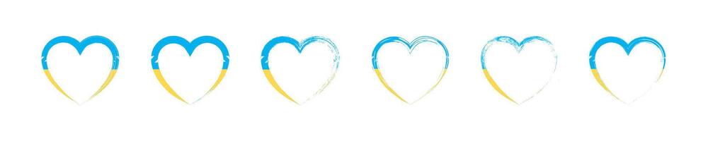 Ukraine flag hearts set. National symbol of Ukraine. Different heart shapes flag of Ukraine. Ukrainian flag symbol set. Ukraine national blue and yellow flag design. Ukrainian symbol. vector