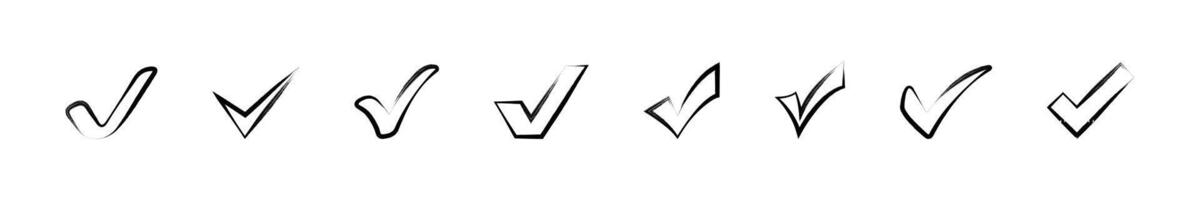 Sketch grunge checkmarks. Grungy checkmark icon set. Black ticks collection. Black tick icons isolated on white background. Grunge texture. graphic. EPS 10 vector