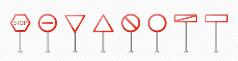 Red road signs banners isolated on transparent background. Red pointers on the road, traffic control signs and road direction signboards. Set of road text panels. Highway signs. graphic EPS vector