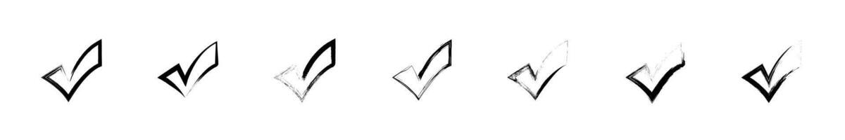 Sketch grunge checkmarks. Grungy checkmark icon set. Black ticks collection. Black tick icons isolated on white background. Grunge texture. graphic. EPS 10 vector