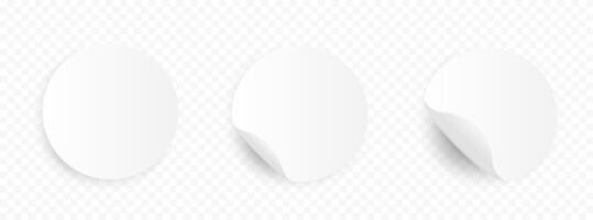 Realistic white round adhesive stickers mockup set with fold corner and shadow. White round adhesive symbol set. Sticky tag. Paper stickers set. graphic EPS 10 vector