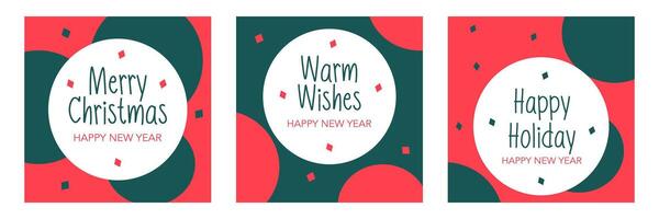 Set of Merry Christmas and happy new year greeting with Geometric element, green and red color background for social media post vector