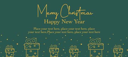 Merry Christmas and happy new year minimalist greeting with gifts element, gold typograpy on green color background vector